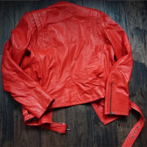Genuine Leather Biker Jacket in Red - Picture 2 of 7
